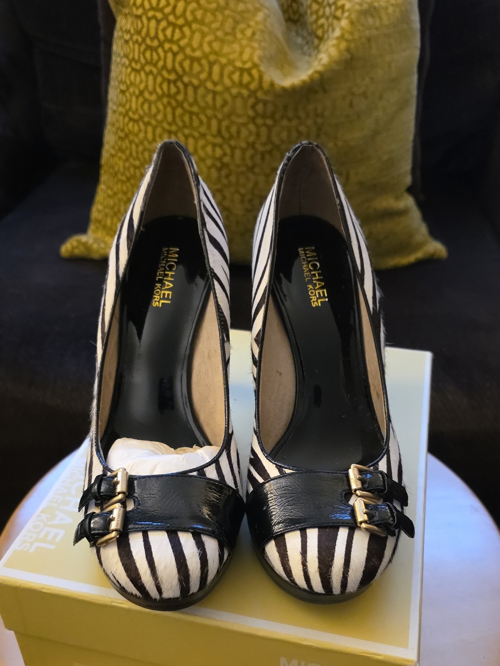 Michael Kors Black & White Striped Calf Hair Buckle Pumps